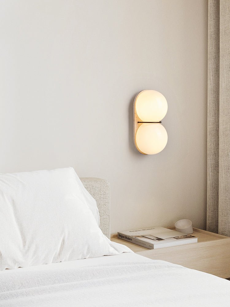 Double Globe Travertine Wall Sconce in Yellow Travertine and Glass