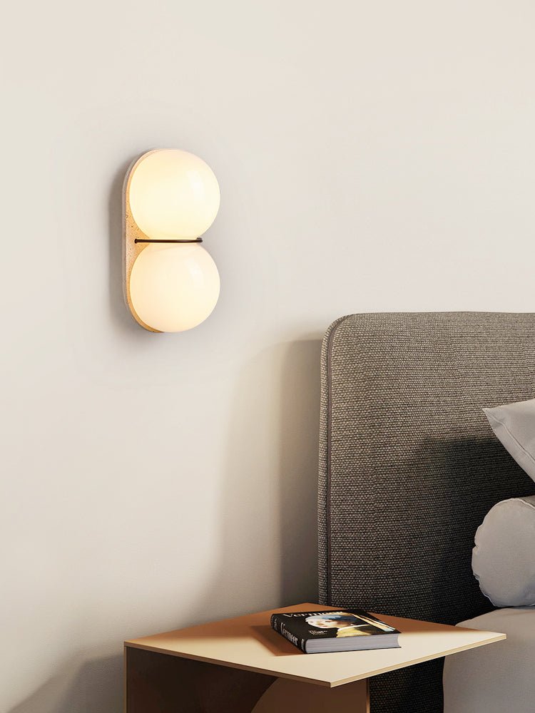 Double Globe Travertine Wall Sconce in Yellow Travertine and Glass