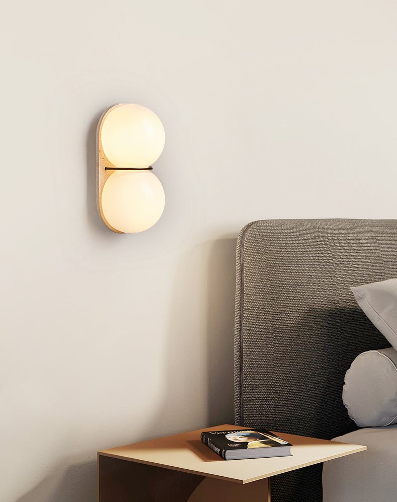 Double Globe Travertine Wall Sconce in Yellow Travertine and Glass