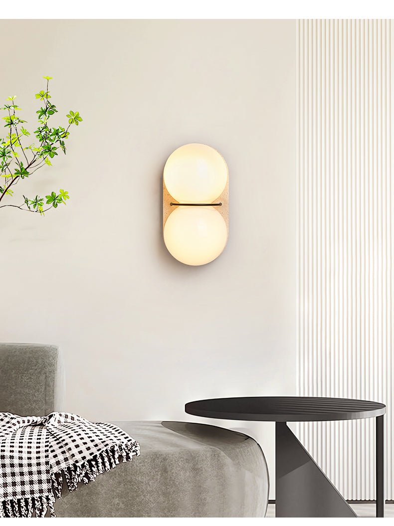 Double Globe Travertine Wall Sconce in Yellow Travertine and Glass