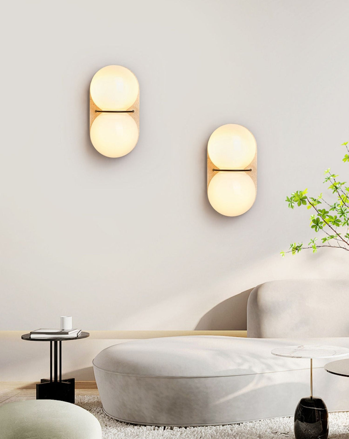 Double Globe Travertine Wall Sconce in Yellow Travertine and Glass