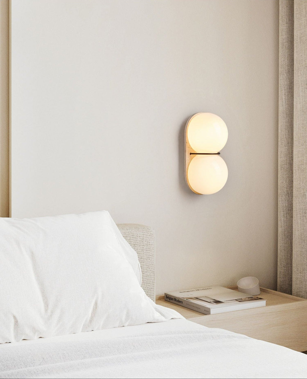 Double Globe Travertine Wall Sconce in Yellow Travertine and Glass