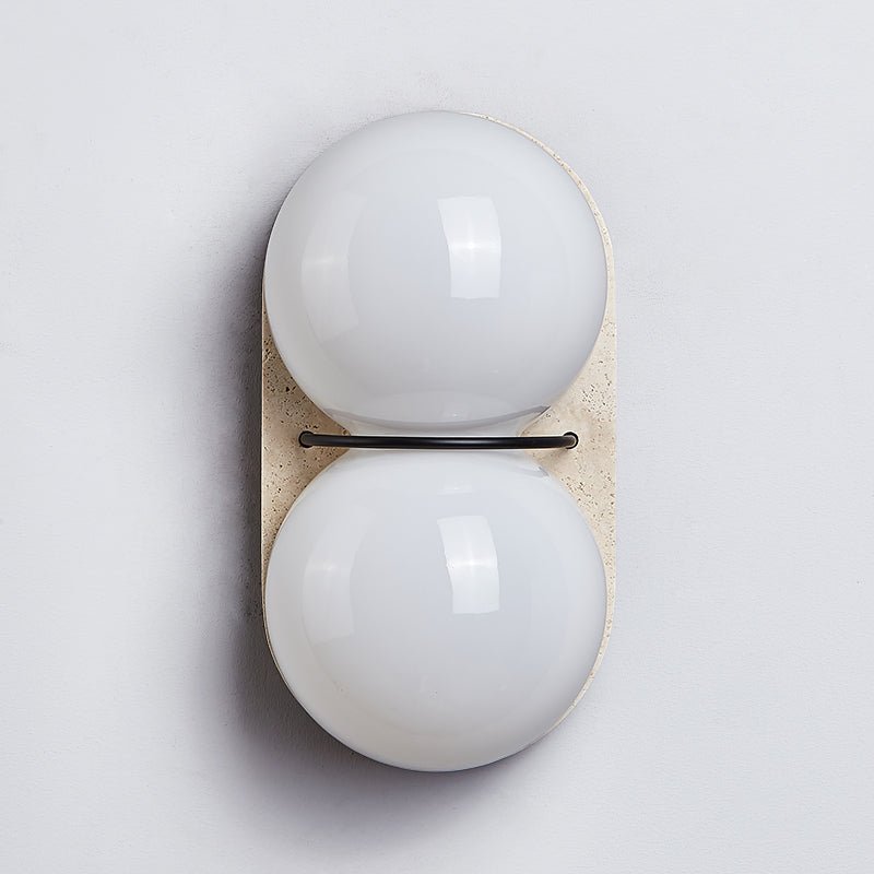Double Globe Travertine Wall Sconce in Yellow Travertine and Glass
