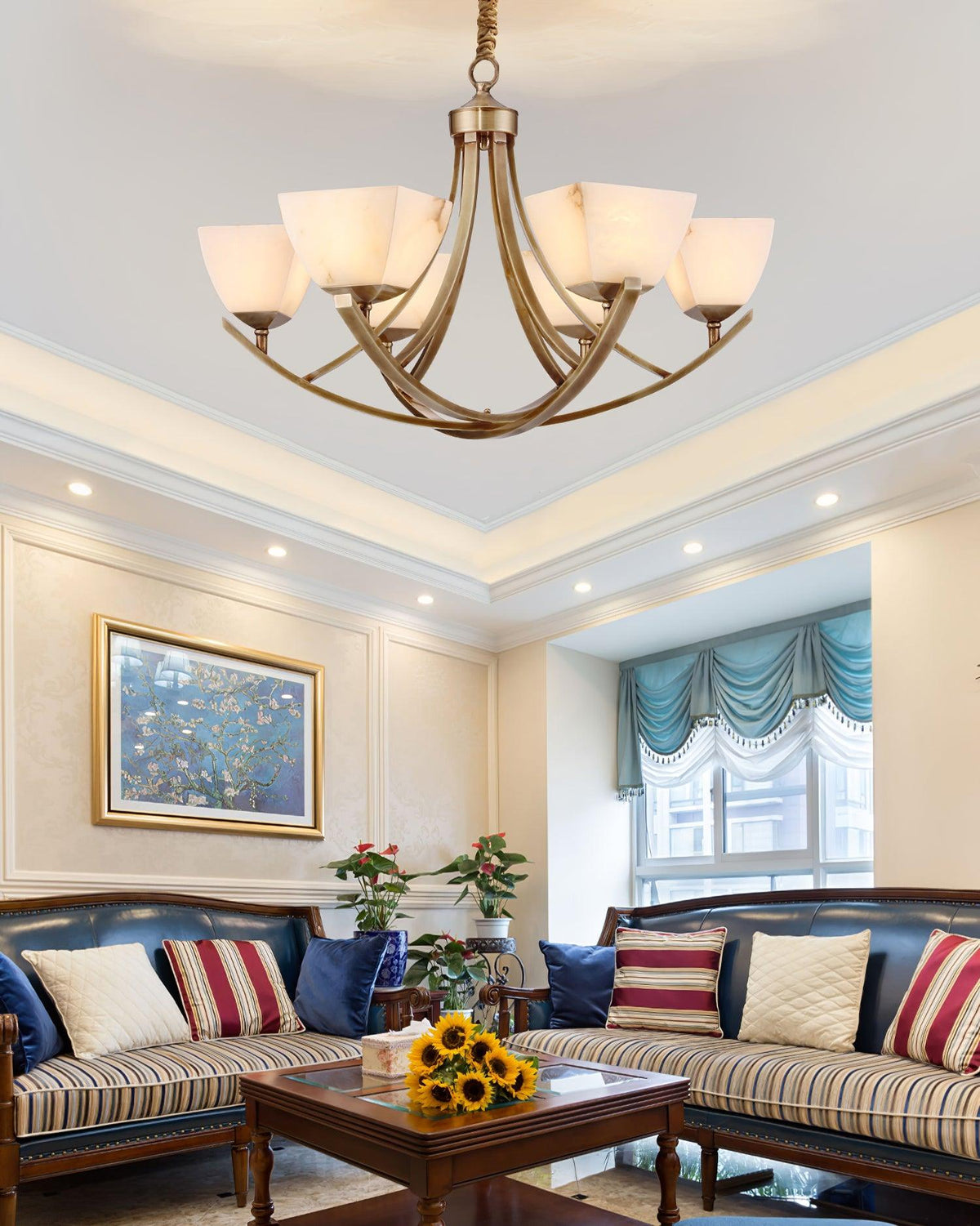 Dover Brass Chandelier with Alabaster Shades – 8-Light Modern Luxury Ceiling Light