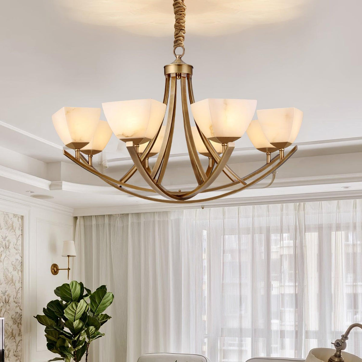 Dover Brass Chandelier with Alabaster Shades – 8-Light Modern Luxury Ceiling Light
