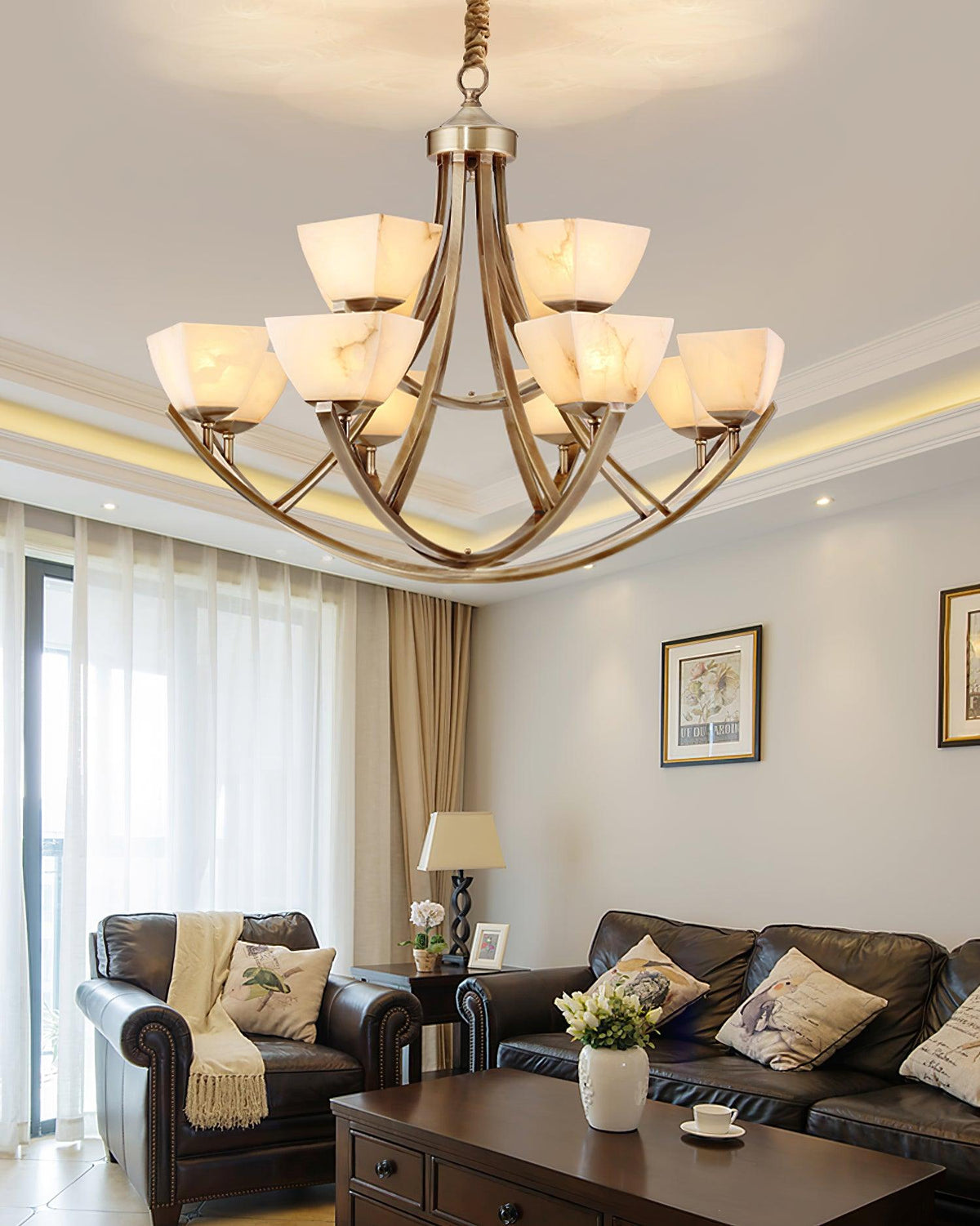 Dover Brass Chandelier with Alabaster Shades – 8-Light Modern Luxury Ceiling Light