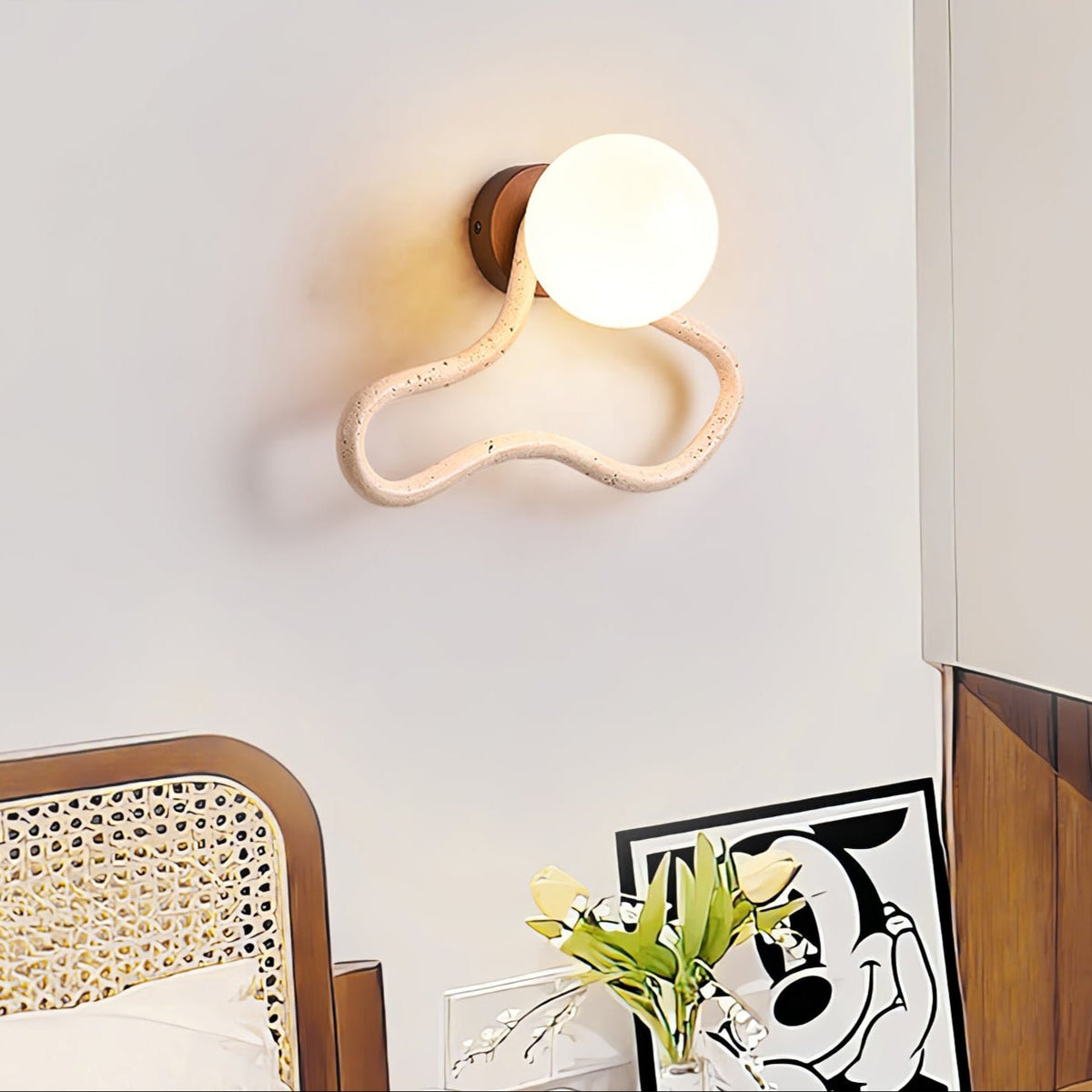 Driftform Travertine Wall Sconce with Opal Glass Globe