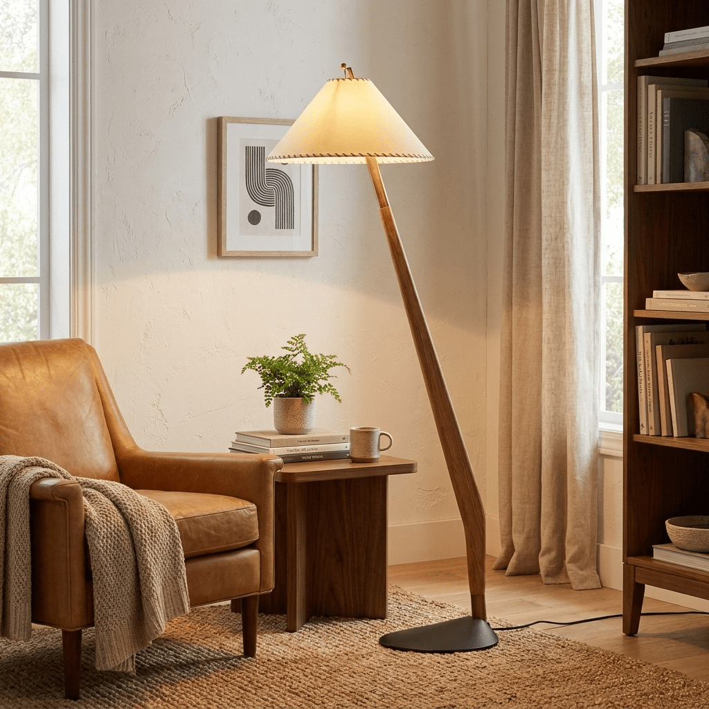Driftwood Tilt Floor Lamp – Natural Wood & Fabric Shade, Modern Floor Light