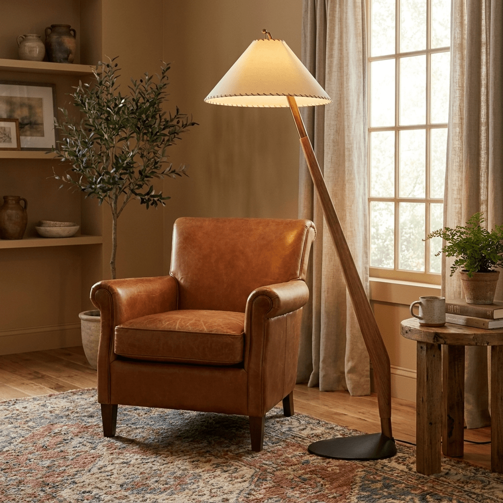 Driftwood Tilt Floor Lamp – Natural Wood & Fabric Shade, Modern Floor Light