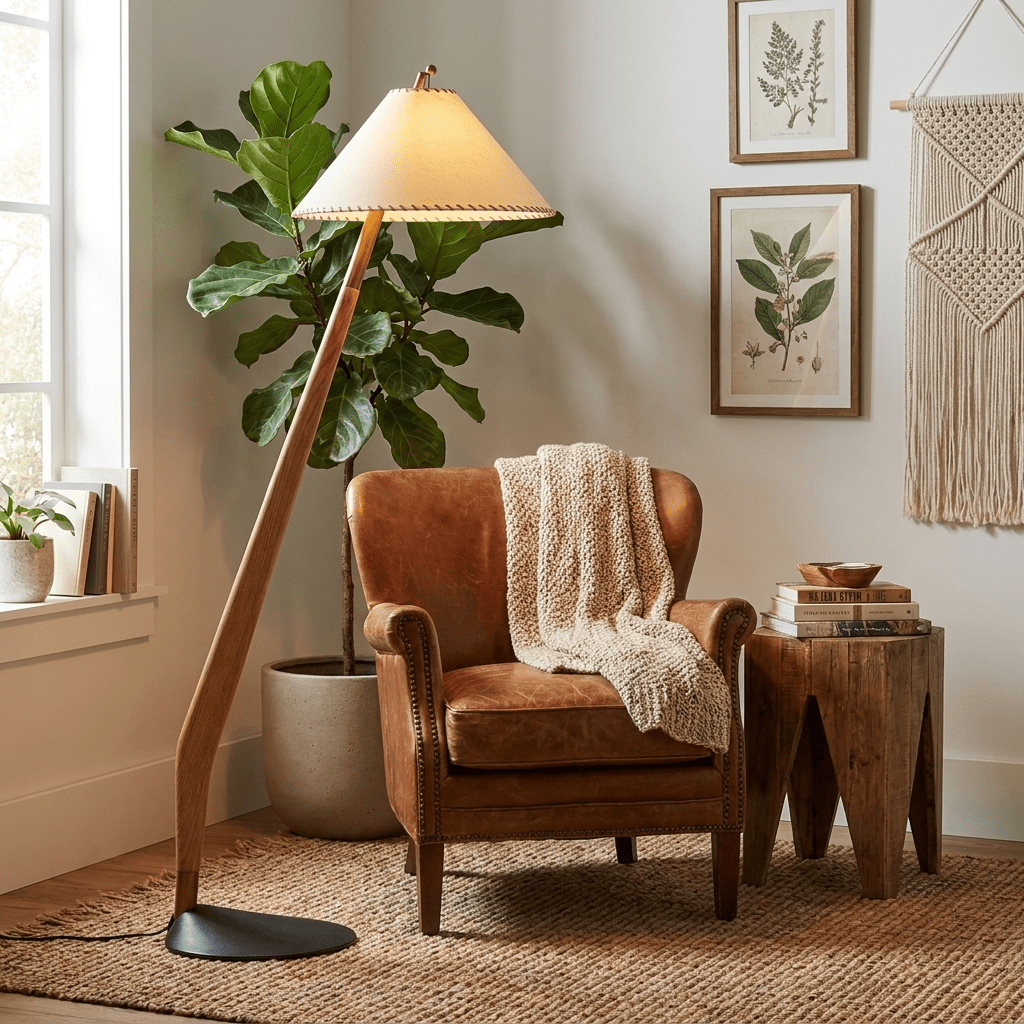 Driftwood Tilt Floor Lamp – Natural Wood & Fabric Shade, Modern Floor Light