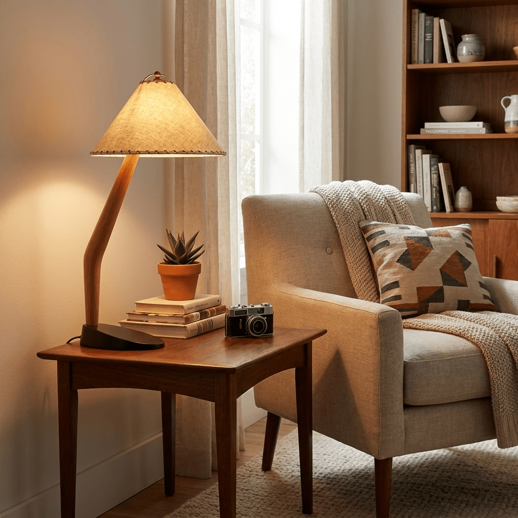 Driftwood Tilt Table Lamp – Sculptural Wooden Bedside Light with Beige Linen Shade