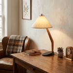 Driftwood Tilt Table Lamp – Sculptural Wooden Bedside Light with Beige Linen Shade