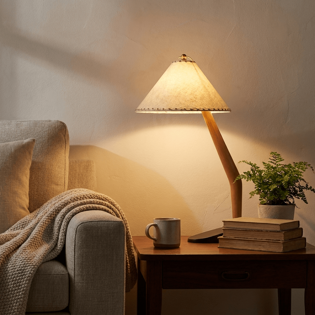 Driftwood Tilt Table Lamp – Sculptural Wooden Bedside Light with Beige Linen Shade