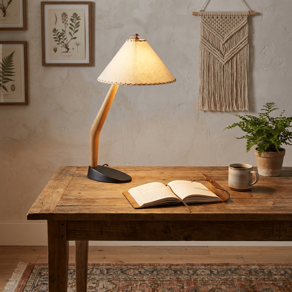Driftwood Tilt Table Lamp – Sculptural Wooden Bedside Light with Beige Linen Shade