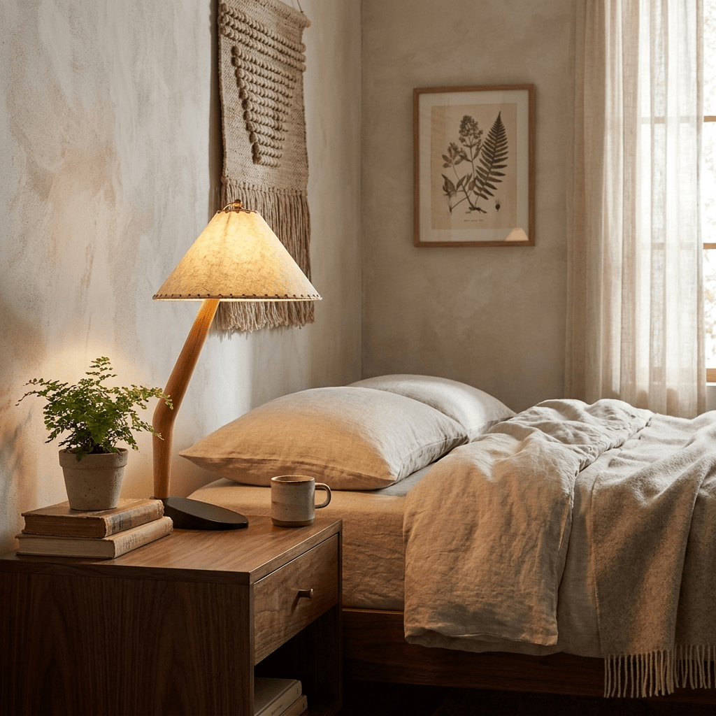 Driftwood Tilt Table Lamp – Sculptural Wooden Bedside Light with Beige Linen Shade