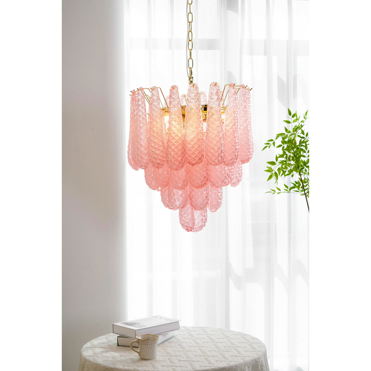 Pink Murano Glass Droplet Chandelier for Dining Room and Living Room
