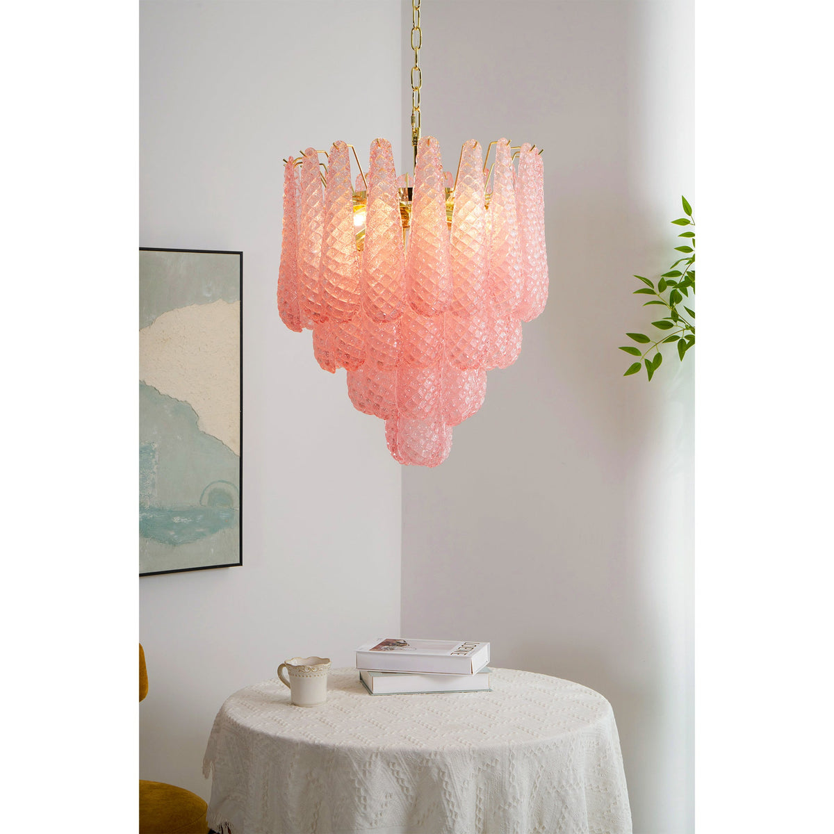 Pink Murano Glass Droplet Chandelier for Dining Room and Living Room