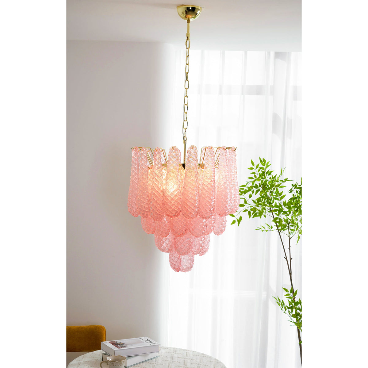 Pink Murano Glass Droplet Chandelier for Dining Room and Living Room