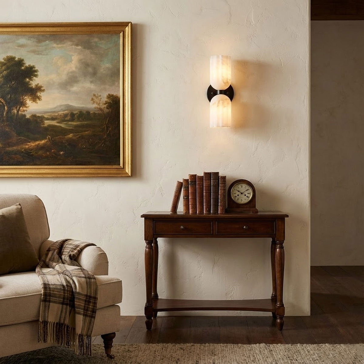 Dual Alabaster Ribbed Wall Sconce in Brass | Luxury Bedroom & Hallway Lighting