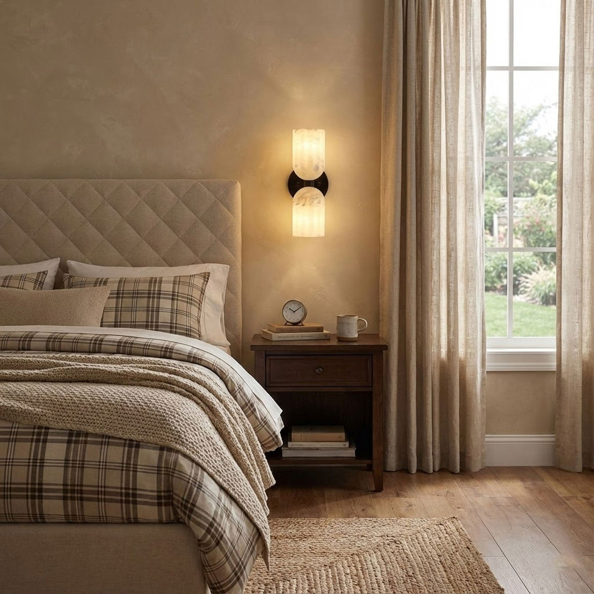 Dual Alabaster Ribbed Wall Sconce in Brass | Luxury Bedroom & Hallway Lighting