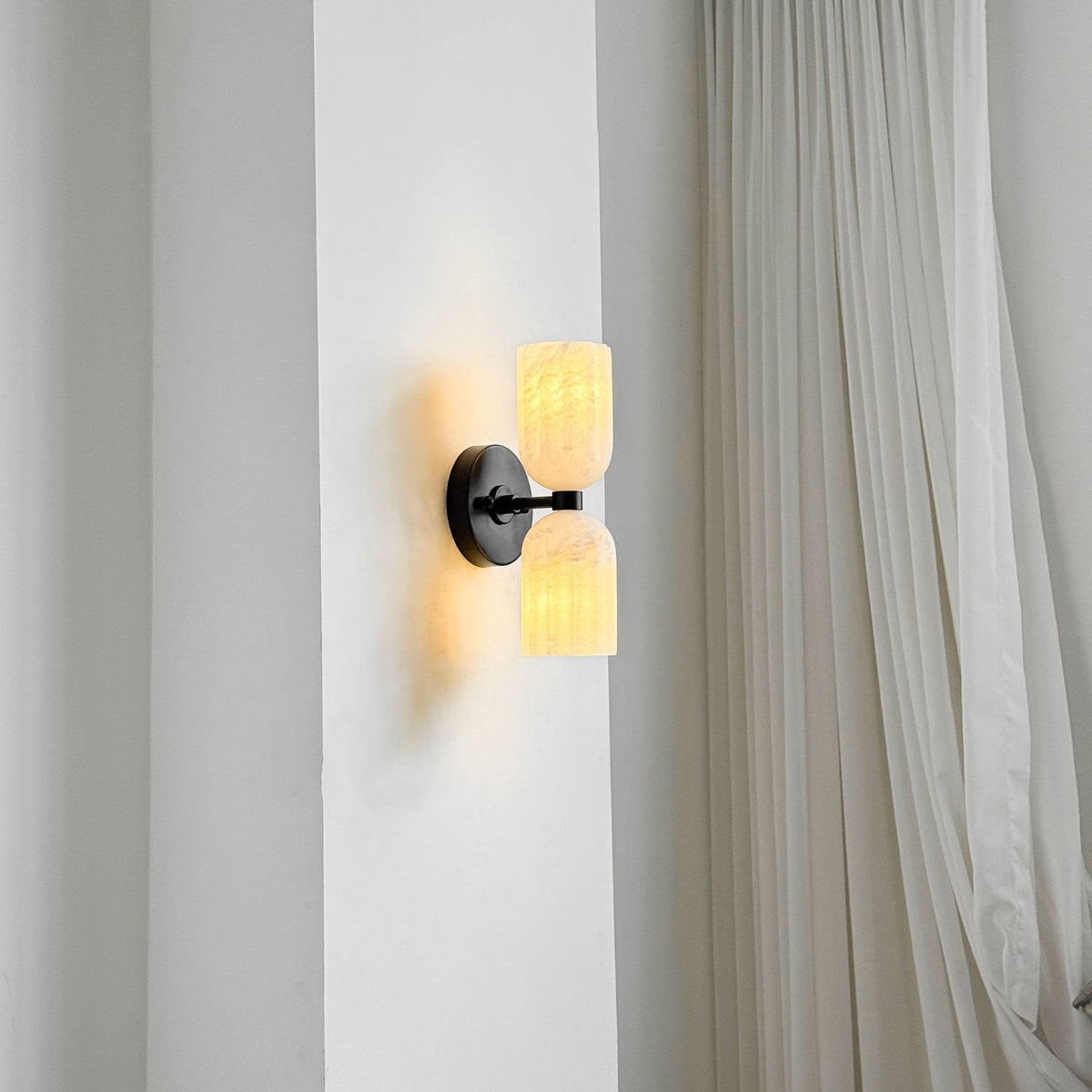 Dual Alabaster Ribbed Wall Sconce in Brass | Luxury Bedroom & Hallway Lighting