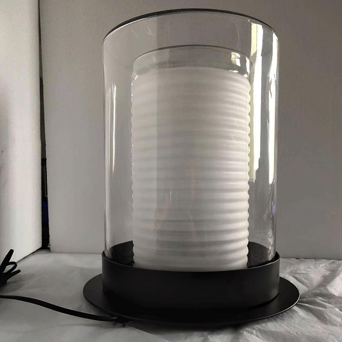 Dual Cylinder Glass LED Floor Lamp – Modern Matte Black Sculptural Lighting