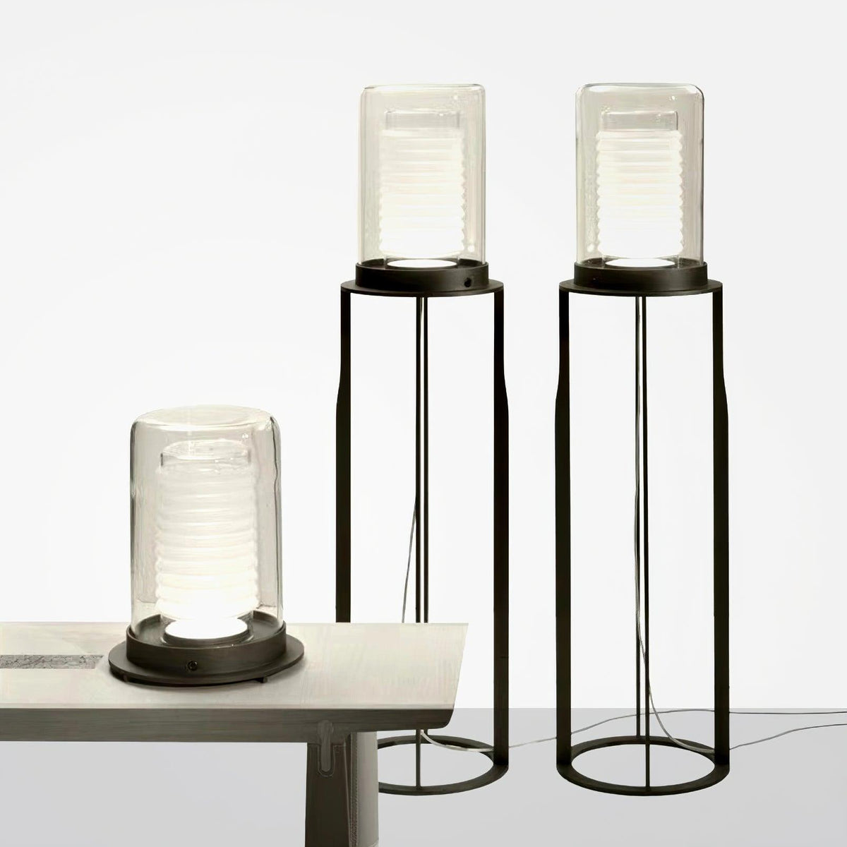 Dual Cylinder Glass LED Floor Lamp – Modern Matte Black Sculptural Lighting