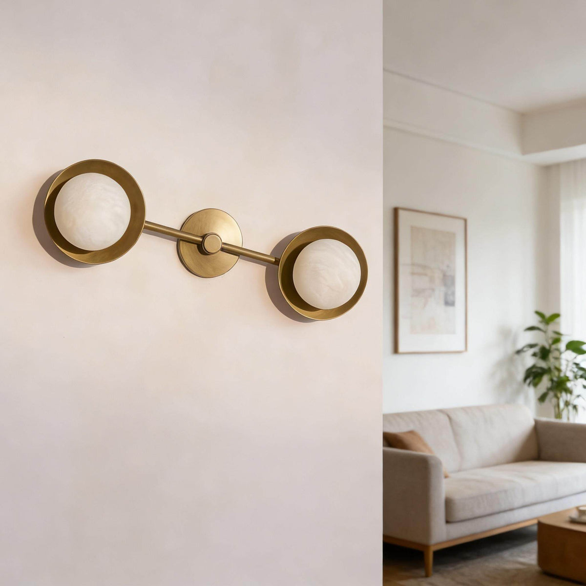 Dual Halo Alabaster Wall Sconce in Brass | Modern Wall Lighting
