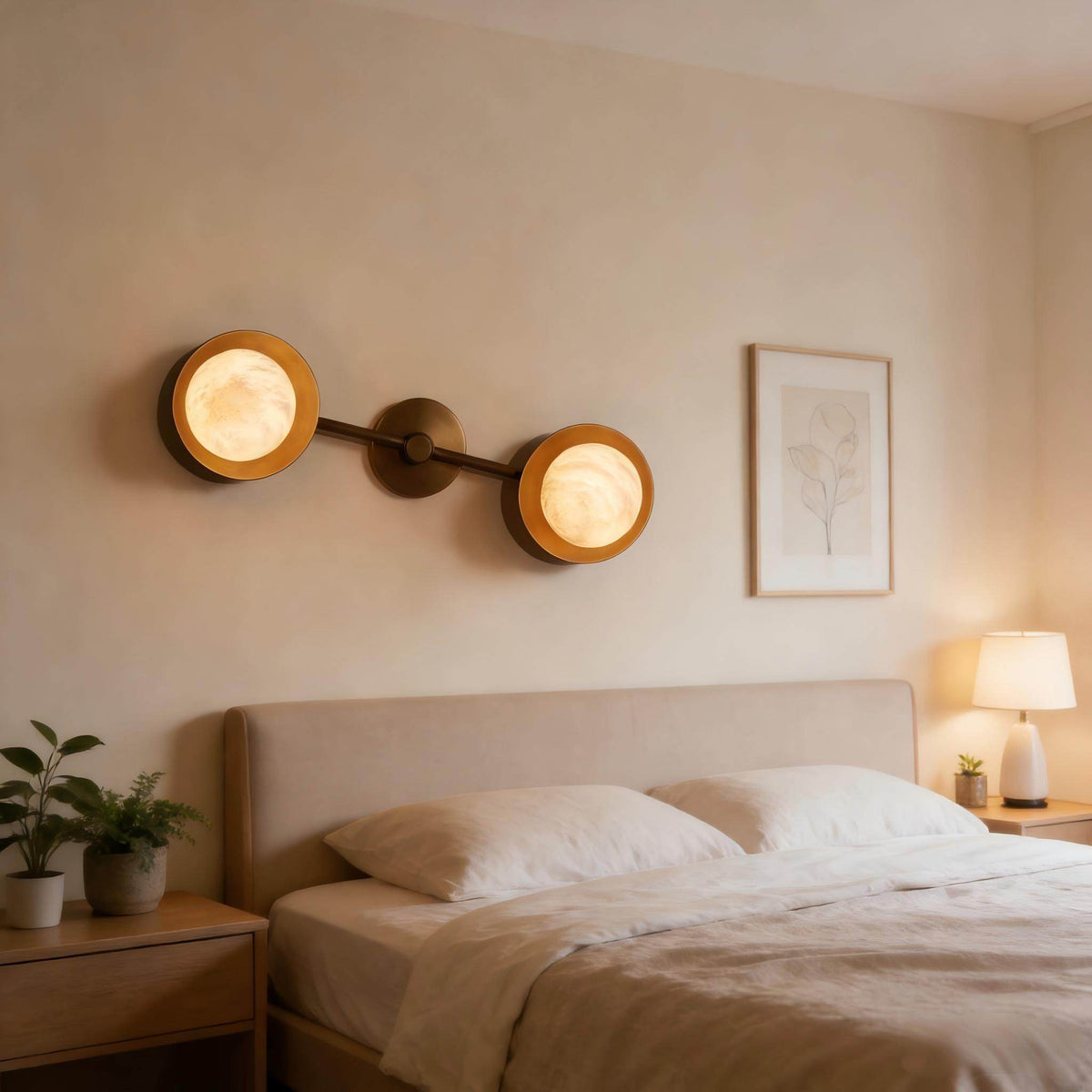 Dual Halo Alabaster Wall Sconce in Brass | Modern Wall Lighting