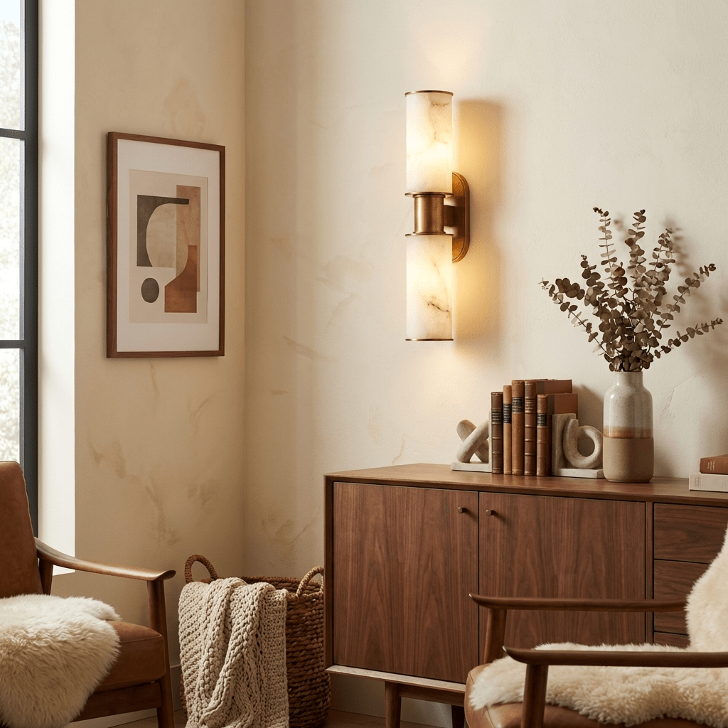 Dualis Alabaster Wall Sconce in Brushed Brass | Modern LED Vanity Light