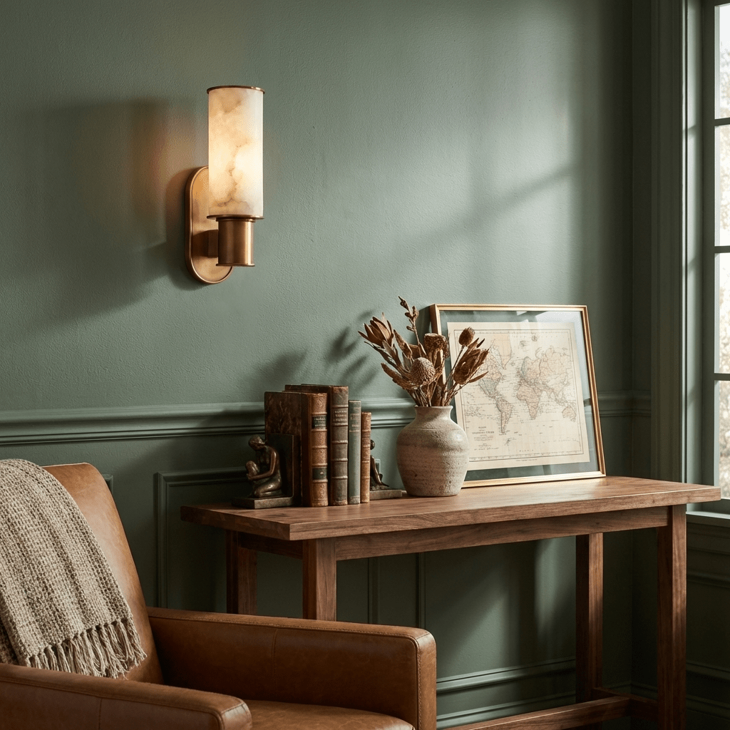 Dualis Alabaster Wall Sconce in Brushed Brass | Modern LED Vanity Light