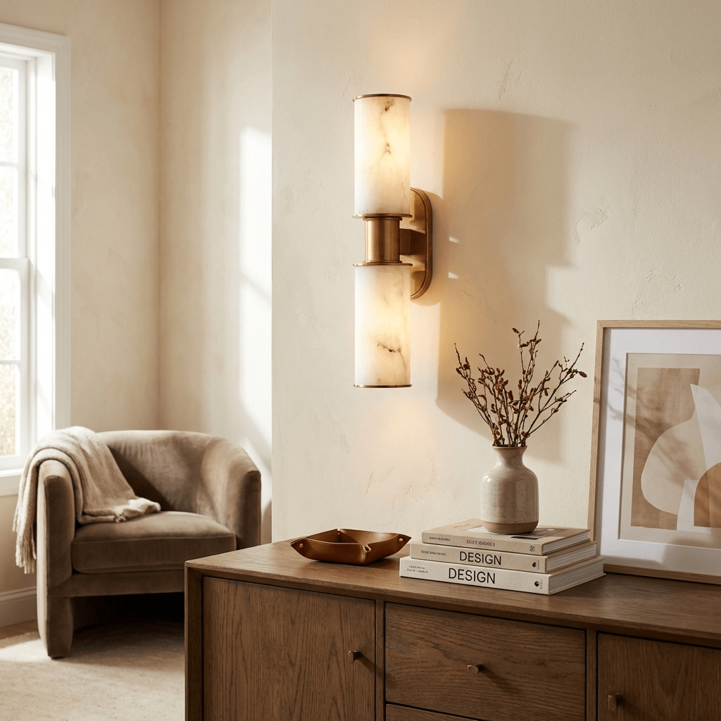 Dualis Alabaster Wall Sconce in Brushed Brass | Modern LED Vanity Light