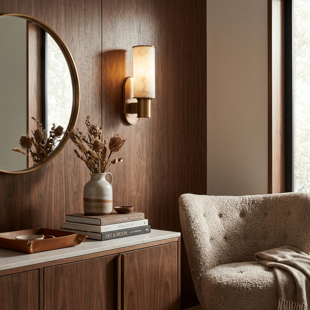 Dualis Alabaster Wall Sconce in Brushed Brass | Modern LED Vanity Light