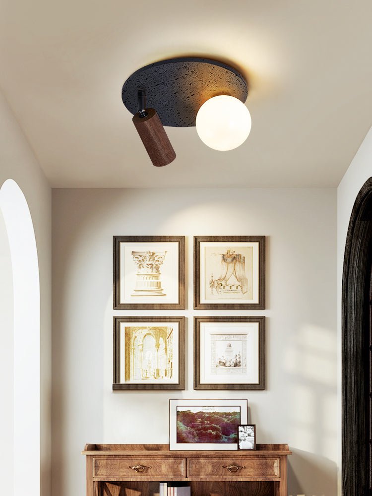 Dualora Stone Ceiling Light in Black Travertine with Opal Glass and Walnut Spotlight