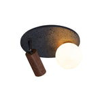 Dualora Stone Ceiling Light in Black Travertine with Opal Glass and Walnut Spotlight