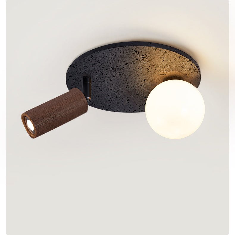Dualora Stone Ceiling Light in Black Travertine with Opal Glass and Walnut Spotlight