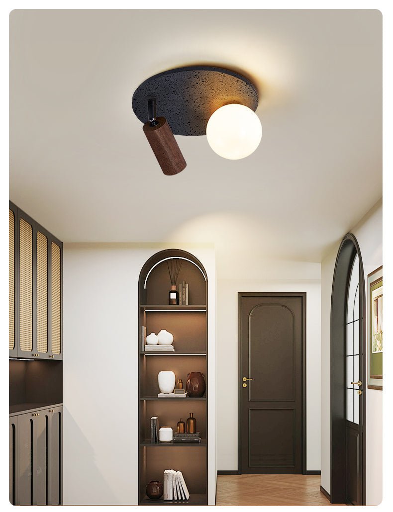 Dualora Stone Ceiling Light in Black Travertine with Opal Glass and Walnut Spotlight