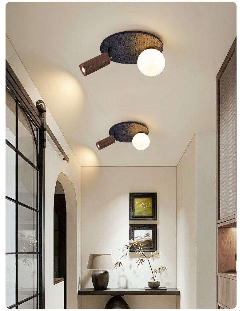 Dualora Stone Ceiling Light in Black Travertine with Opal Glass and Walnut Spotlight