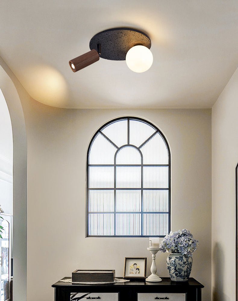 Dualora Stone Ceiling Light in Black Travertine with Opal Glass and Walnut Spotlight
