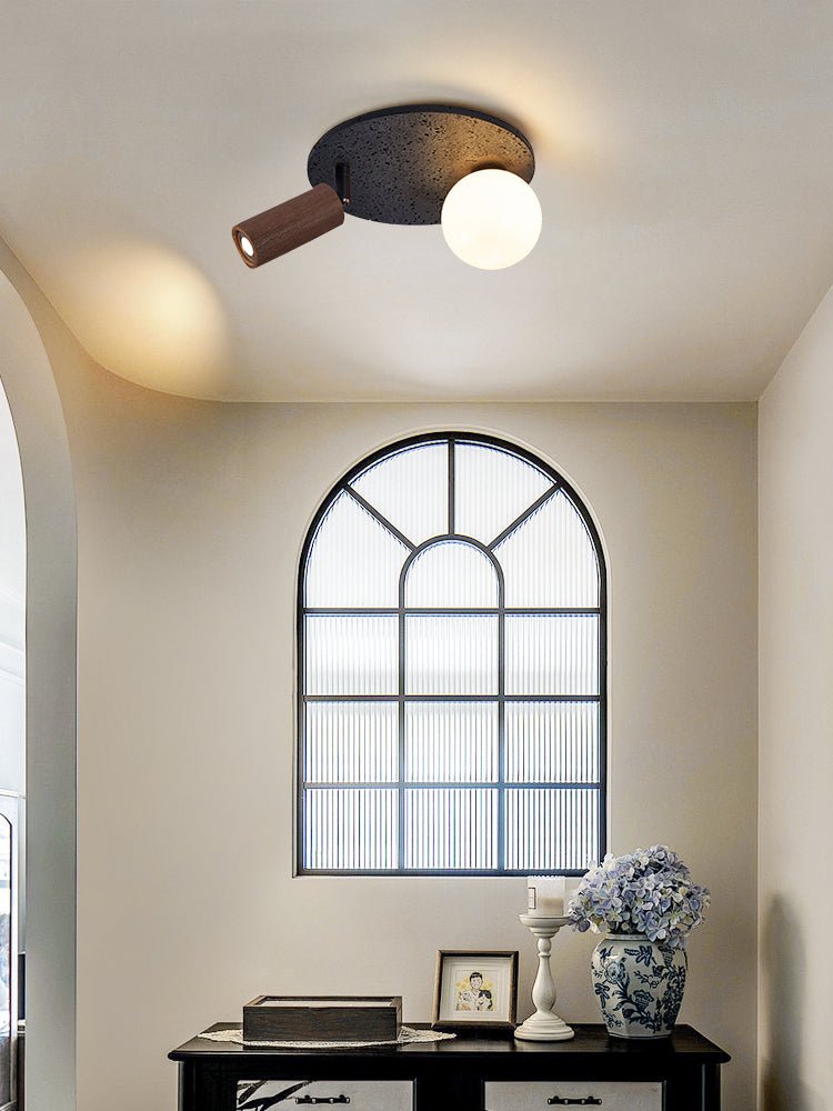 Dualora Stone Ceiling Light in Black Travertine with Opal Glass and Walnut Spotlight