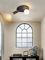 Dualora Stone Ceiling Light in Black Travertine with Opal Glass and Walnut Spotlight