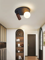 Dualora Stone Ceiling Light in Black Travertine with Opal Glass and Walnut Spotlight