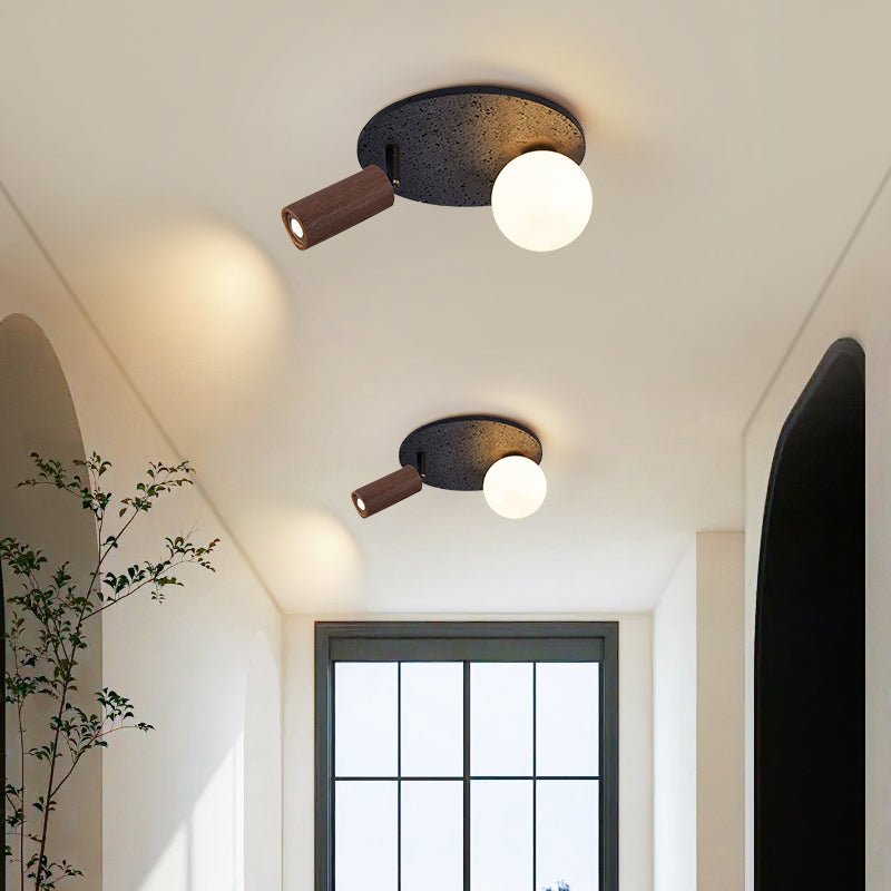 Dualora Stone Ceiling Light in Black Travertine with Opal Glass and Walnut Spotlight
