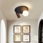 Dualora Stone Ceiling Light in Black Travertine with Opal Glass and Walnut Spotlight