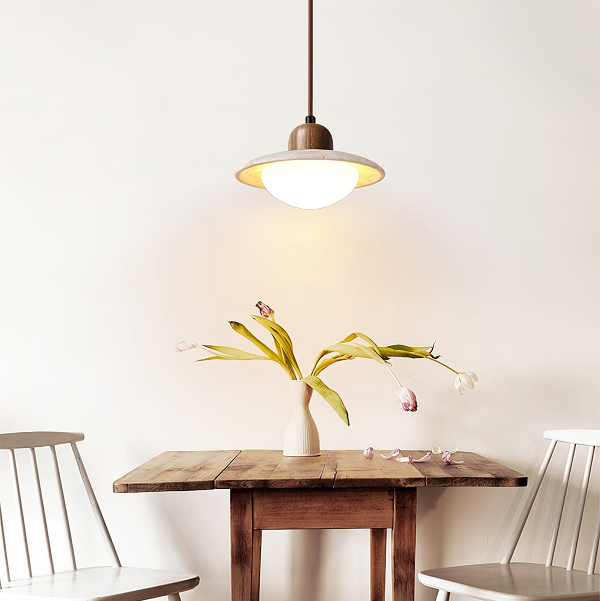 Duet Pendant Light in Travertine and Wood | Modern Minimalist Hanging Lamp for Dining and Living Spaces