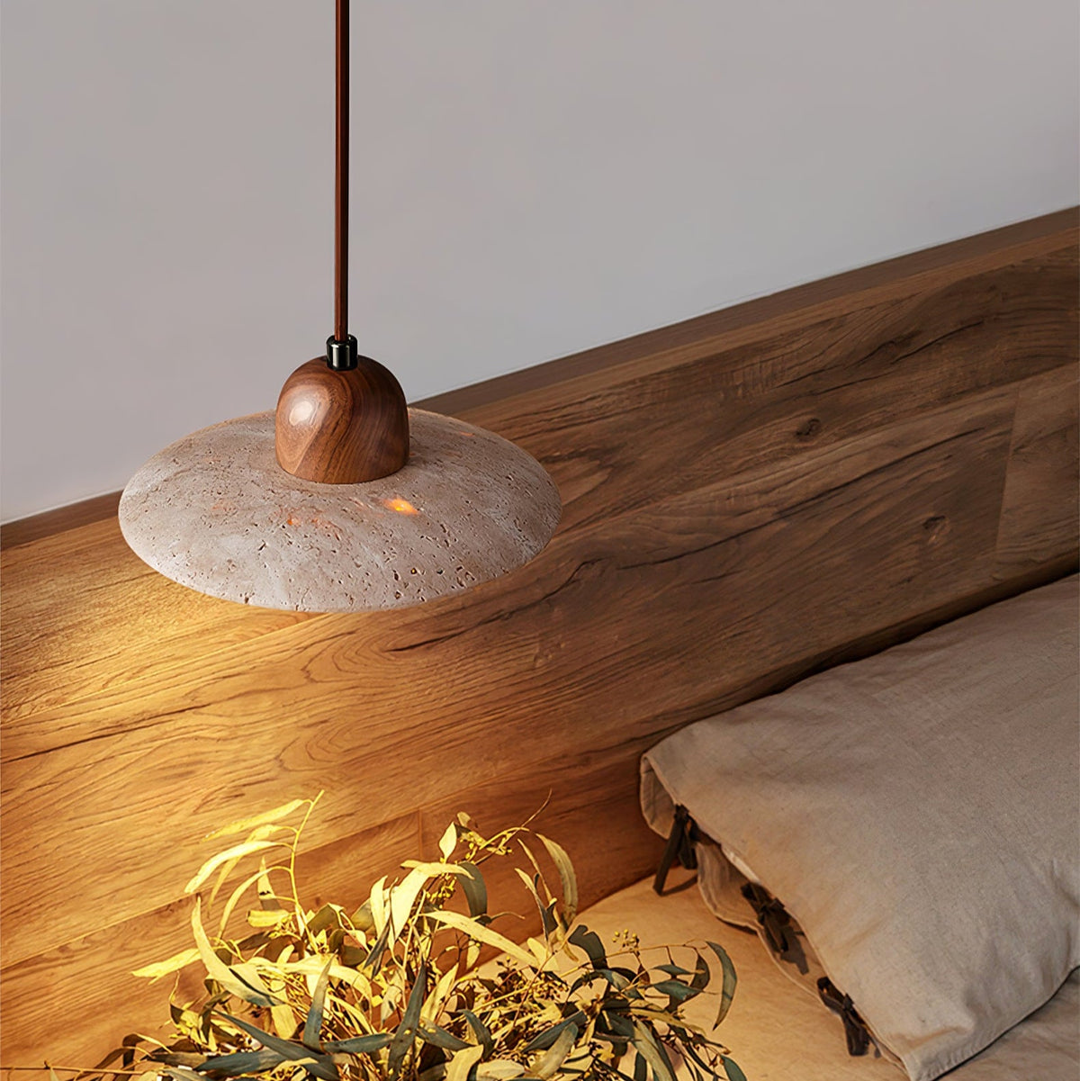 Duet Pendant Light in Travertine and Wood | Modern Minimalist Hanging Lamp for Dining and Living Spaces