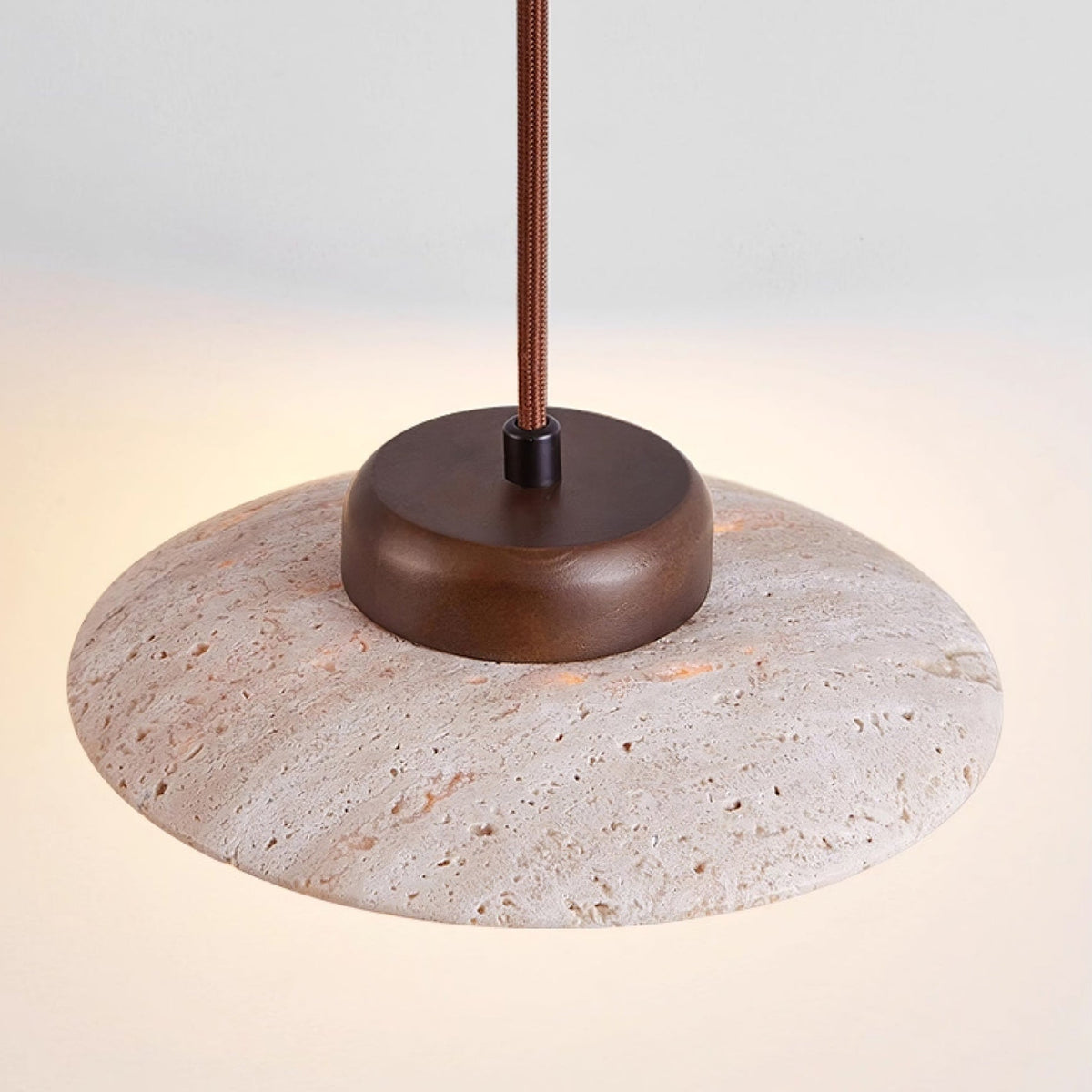 Duet Pendant Light in Travertine and Wood | Modern Minimalist Hanging Lamp for Dining and Living Spaces