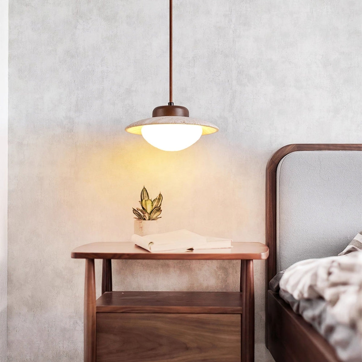 Duet Pendant Light in Travertine and Wood | Modern Minimalist Hanging Lamp for Dining and Living Spaces
