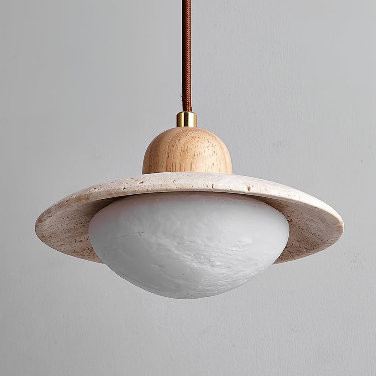 Duet Pendant Light in Travertine and Wood | Modern Minimalist Hanging Lamp for Dining and Living Spaces