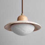 Duet Pendant Light in Travertine and Wood | Modern Minimalist Hanging Lamp for Dining and Living Spaces